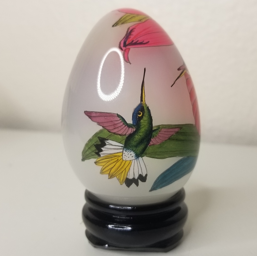 Reverse HandPainted‎ Glass Blown Egg Nature's Garden Hummingbird by Wang Ming